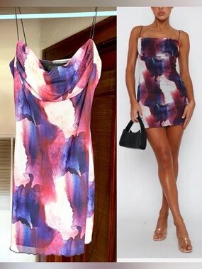White Fox Bodycon Watercolor Print Mini Dress Party Spaghetti Strap Size Medium